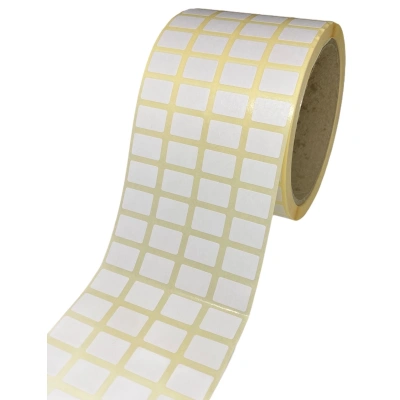 32 00074 - Papierová Etiketa 15 mm x 10 mm, 4 - Produkcia, Pololesklý papier, Biela, Dutinka 76 mm, 5000 ks/kotúč, Permanentné lepidlo, Priemer kotúča 97 mm