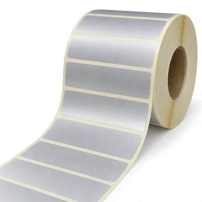 32 01336 – Plastová Etiketa 100 mm x 30 mm, Polyester mat silver, Strieborná matná, Dutinka 40 mm, 750 ks/kotúč, Silné lepidlo