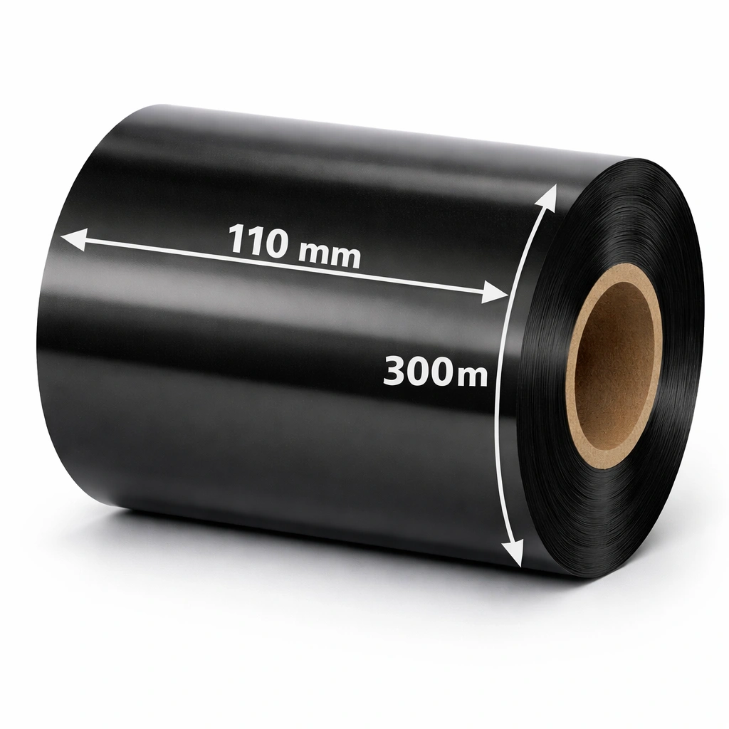 31 00192 – Termotransférová Fólia, PPAT805, Živica, Out, Čierna, 110 mm x 300 m, Dutinka 25 mm 1″