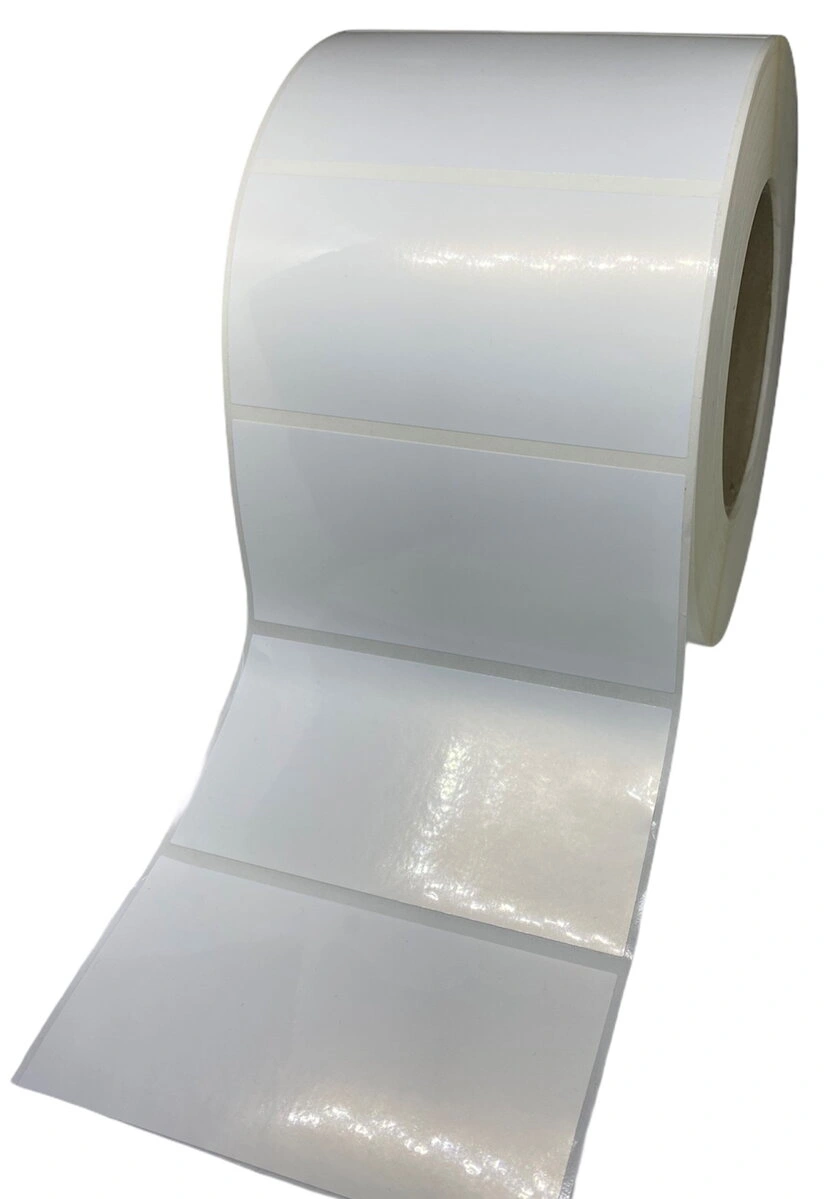 32 00533 - Plastová Etiketa 100 mm x 32 mm, Polypropylén, Biela, Potlač, Dutinka 76 mm, 5000 ks/kotúč, Permanentné lepidlo
