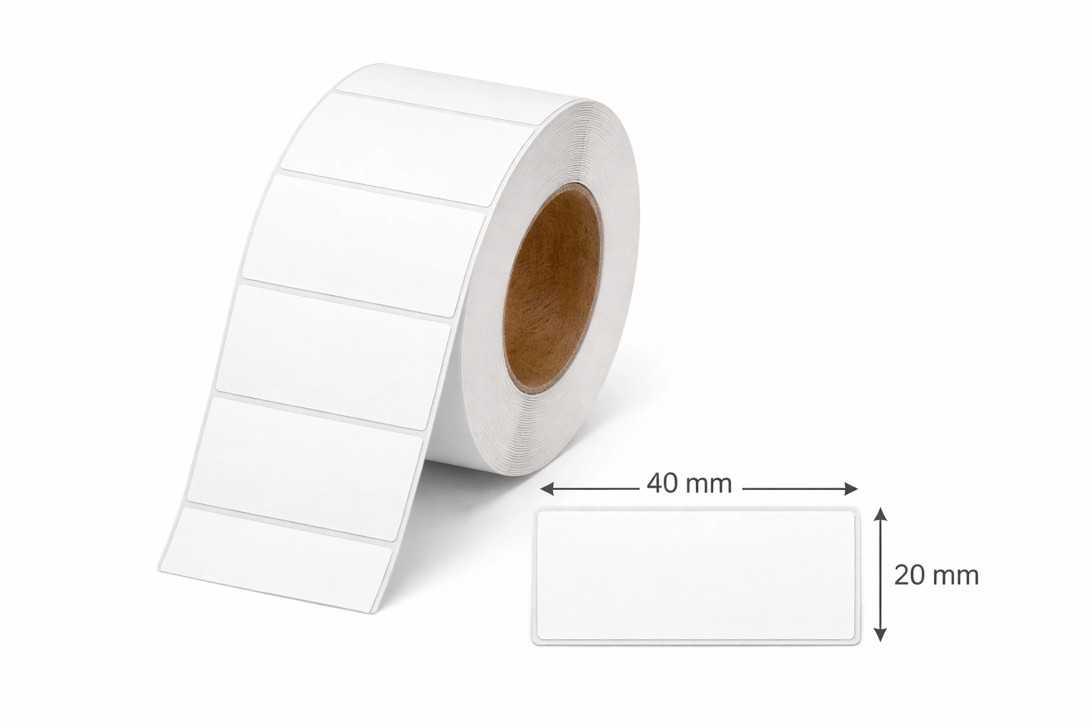 32 01010 – Etiketa 40 mm x 20 mm, Thermo eco, Biela, Dutinka 25 mm, 2000 ks/kotúč, Permanentné lepidlo, Priemer kotúča 91 mm