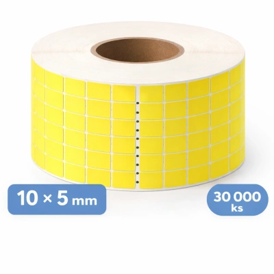 32 01087 – Etiketa 10 mm x 5 mm, Perforácia, 6 – Produkcia, Polypropylén, Žltá, Dutinka 76 mm, 30000 ks/kotúč, Permanentné lepidlo, Priemer kotúča 114 mm