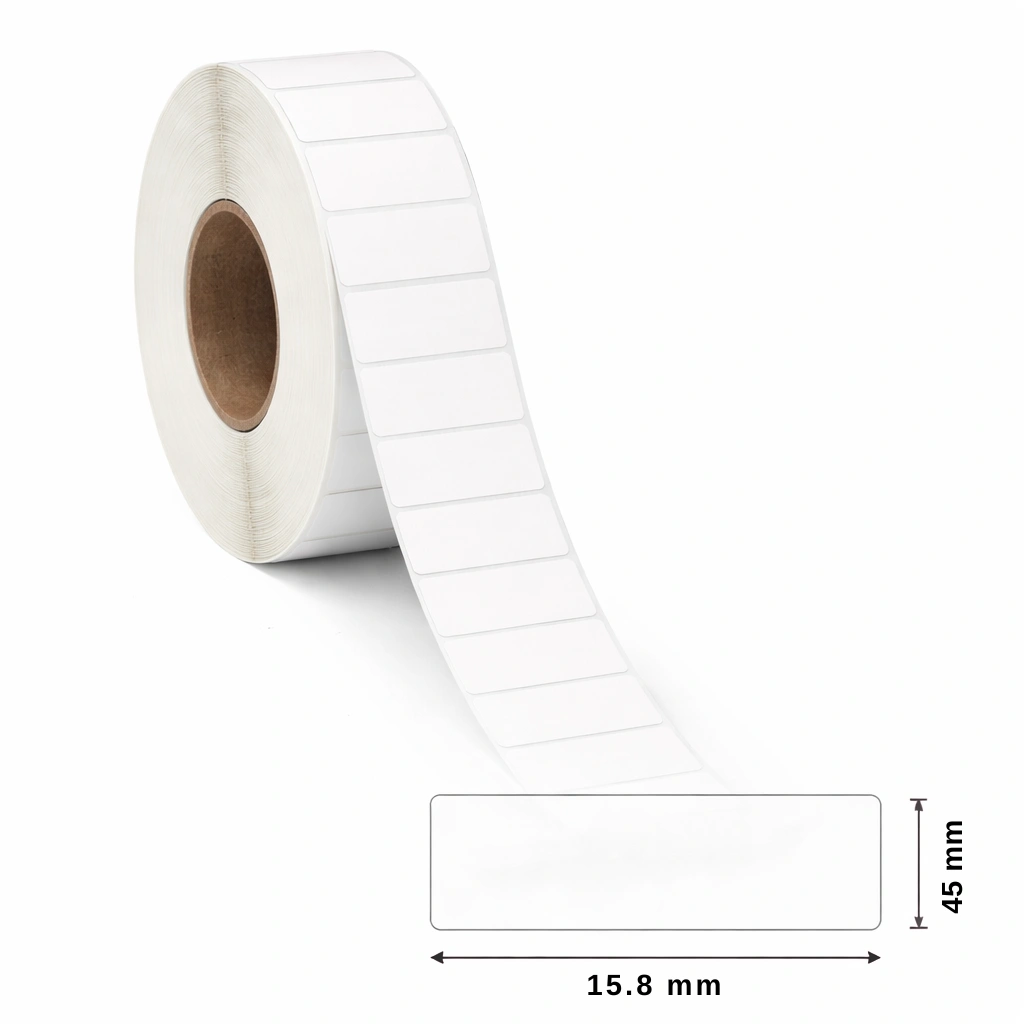 32 01094 – Etiketa 45 mm x 15,8 mm, Perforácia, Thermo Top, Biela, Dutinka 40 mm, 5000 ks/kotúč, Permanentné lepidlo