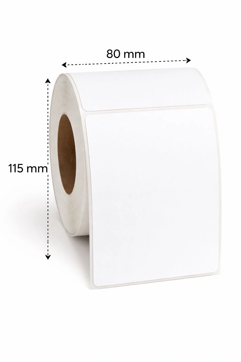 32 01152 – Etiketa 80 mm x 115 mm, Pololesklý papier, Biela, Dutinka 40 mm, 600 ks/kotúč, Odlepiteľné lepidlo