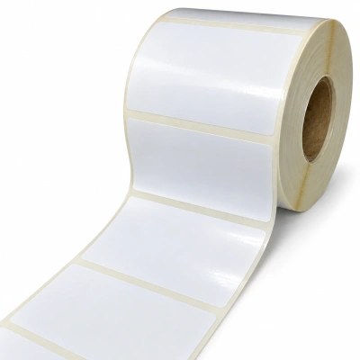 32 01093 – Plastová Etiketa 80 mm x 45 mm, Polypropylén, Biela, Dutinka 40 mm, 1000 ks/kotúč, Odlepiteľné lepidlo
